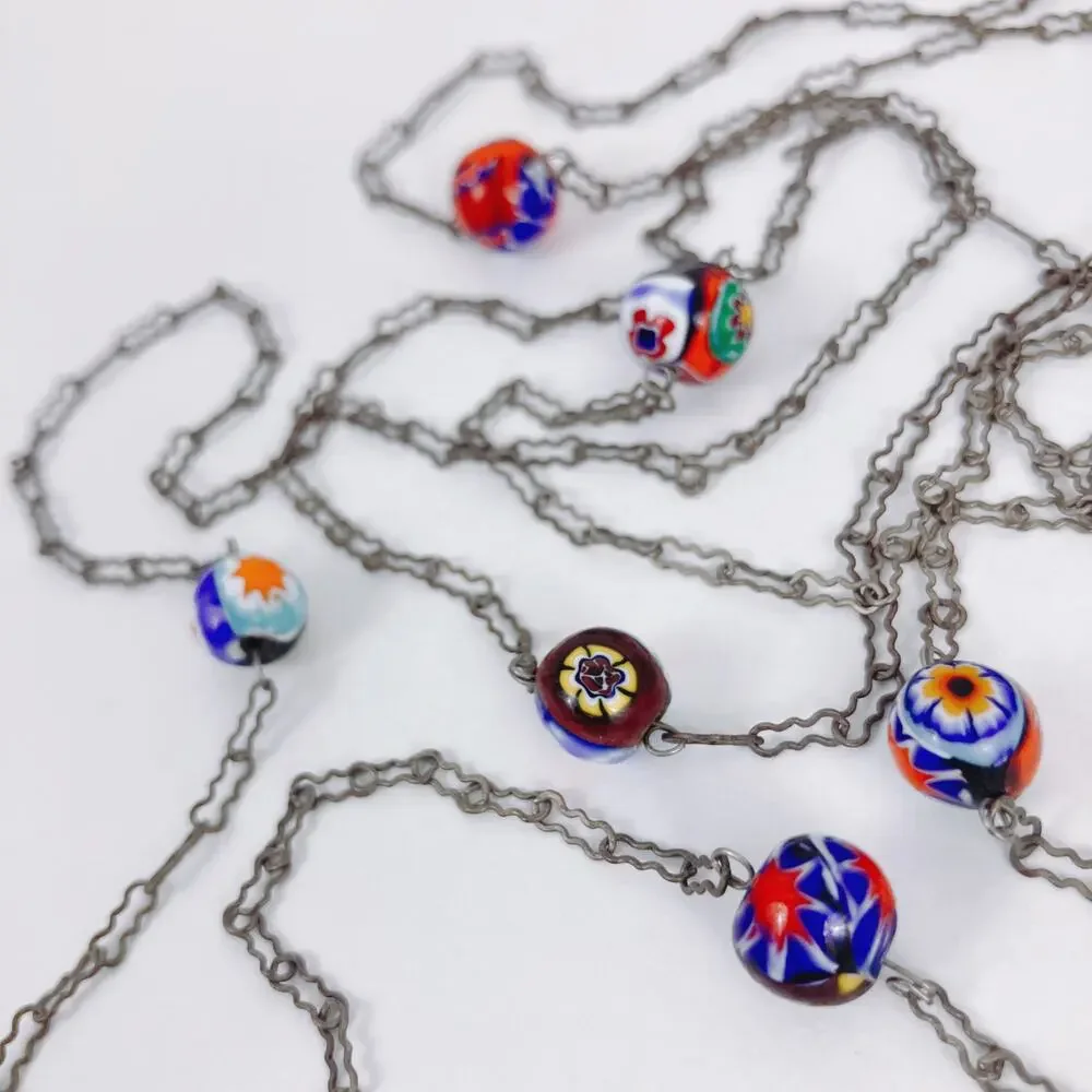 VTG 1950s 60s Millefiori Glass Bead Necklace Long Opera Silver Tone 54